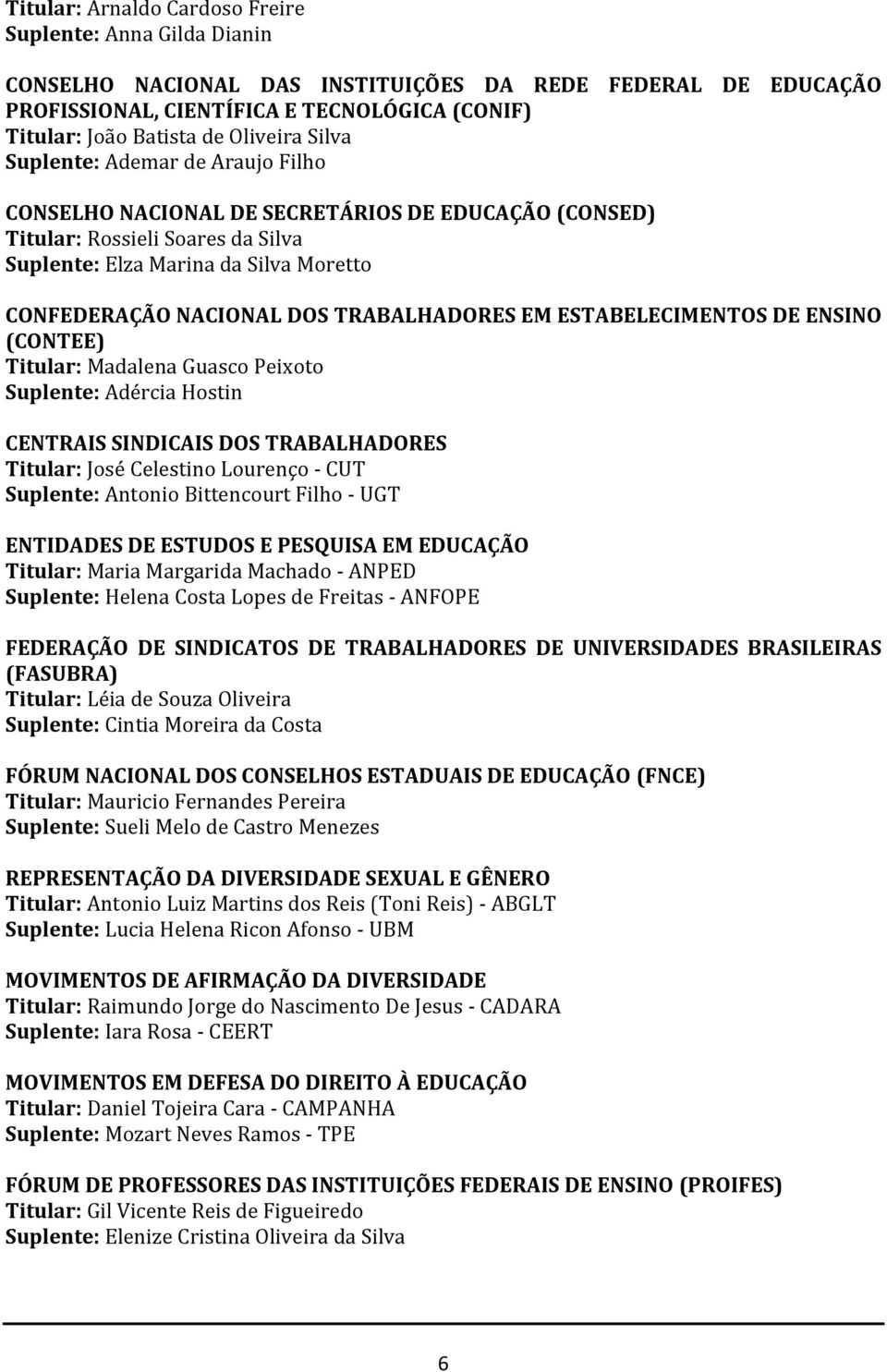 DOS TRABALHADORES EM ESTABELECIMENTOS DE ENSINO (CONTEE) Titular: Madalena Guasco Peixoto Suplente: Adércia Hostin CENTRAIS SINDICAIS DOS TRABALHADORES Titular: José Celestino Lourenço - CUT