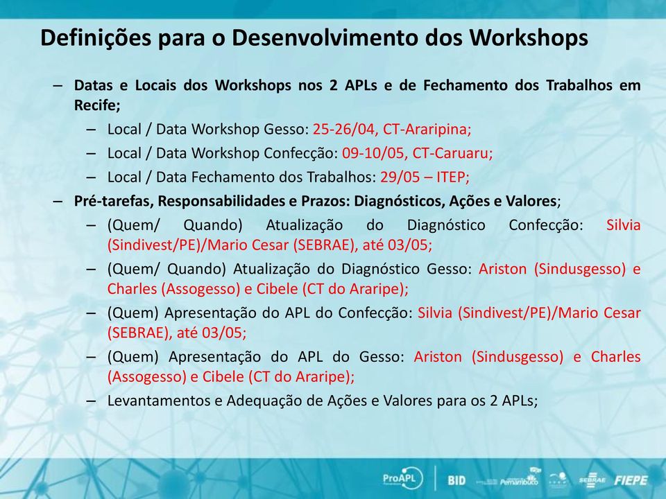 Diagnóstico Confecção: Silvia (Sindivest/PE)/Mario Cesar (SEBRAE), até 03/05; (Quem/ Quando) Atualização do Diagnóstico Gesso: Ariston (Sindusgesso) e Charles (Assogesso) e Cibele (CT do Araripe);