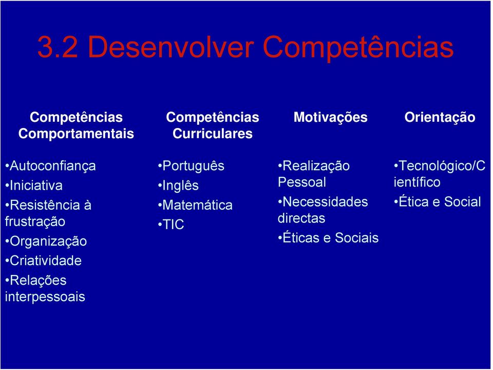 frustração Organização Português Inglês Matemática TIC Realização Pessoal