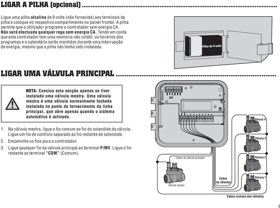 Tendo em conta que este controlador tem uma memória não volátil, os horários dos programas e o calendário serão mantidos durante uma interrupção de energia, mesmo que a pilha não tenha sido instalada.