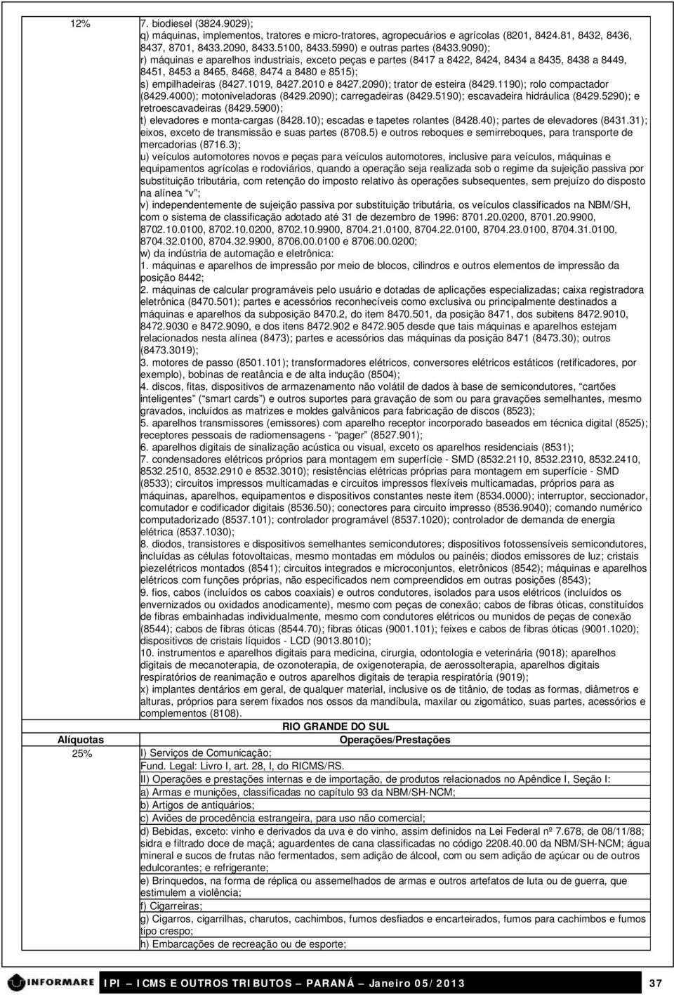 9090); r) máquinas e aparelhos industriais, exceto peças e partes (8417 a 8422, 8424, 8434 a 8435, 8438 a 8449, 8451, 8453 a 8465, 8468, 8474 a 8480 e 8515); s) empilhadeiras (8427.1019, 8427.