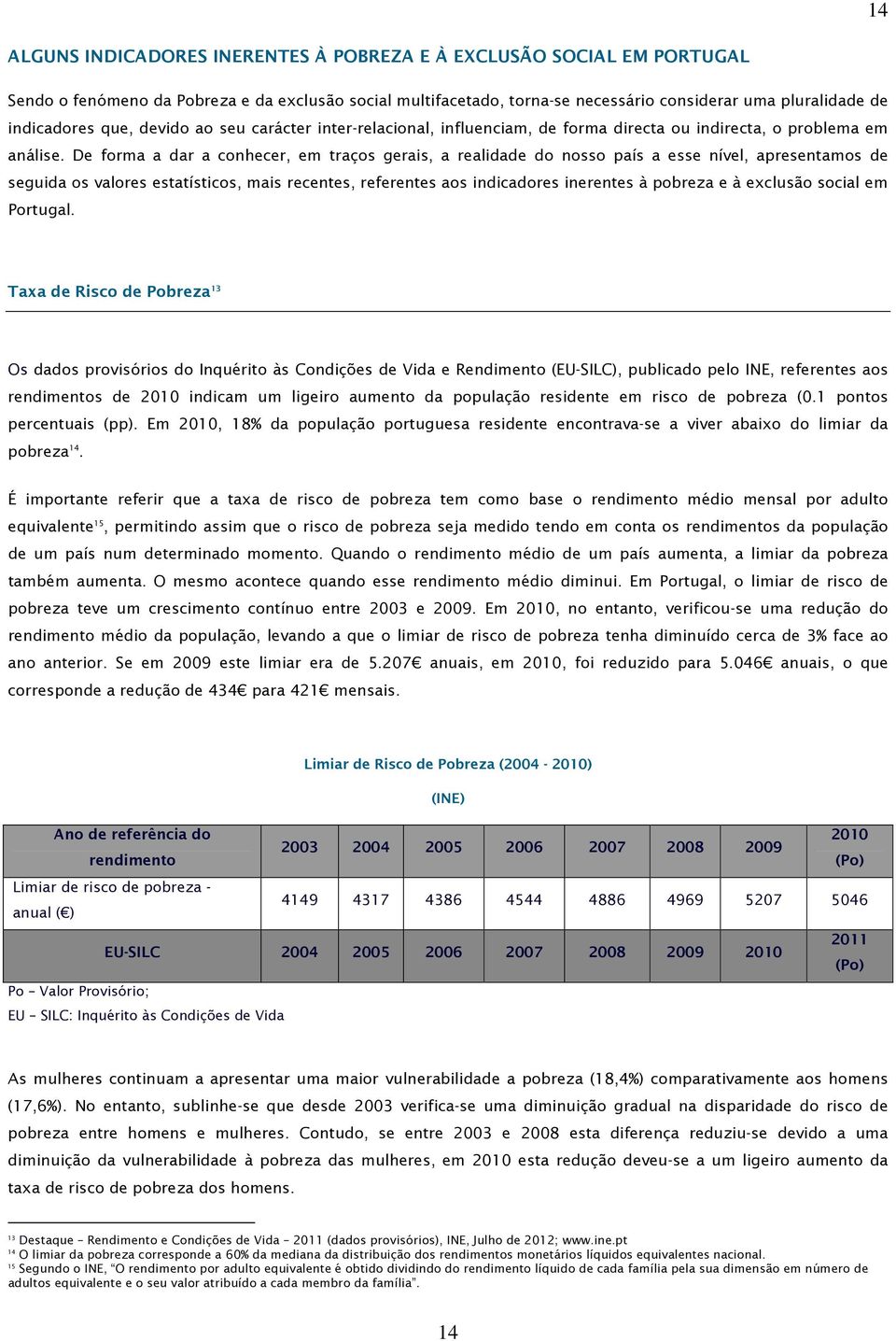 De forma a dar a conhecer, em traços gerais, a realidade do nosso país a esse nível, apresentamos de seguida os valores estatísticos, mais recentes, referentes aos indicadores inerentes à pobreza e à