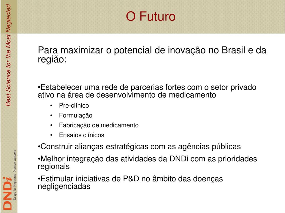 de medicamento Ensaios clínicos Construir alianças estratégicas com as agências públicas Melhor integração