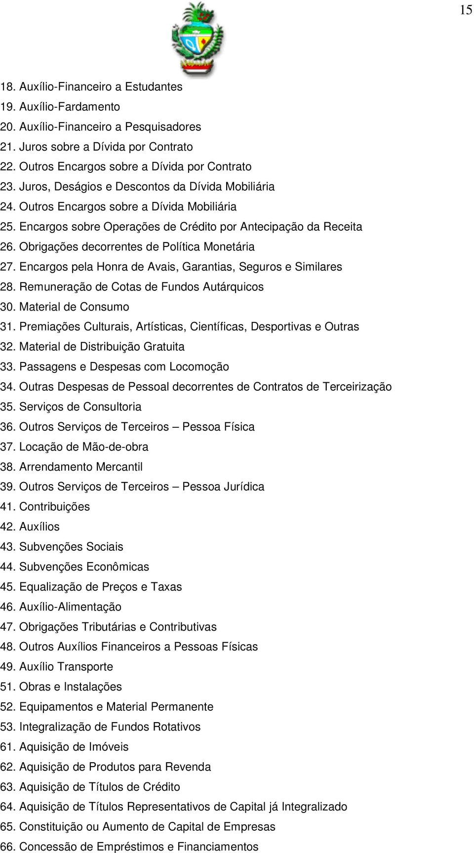 Obrigações decorrentes de Política Monetária 27. Encargos pela Honra de Avais, Garantias, Seguros e Similares 28. Remuneração de Cotas de Fundos Autárquicos 30. Material de Consumo 31.