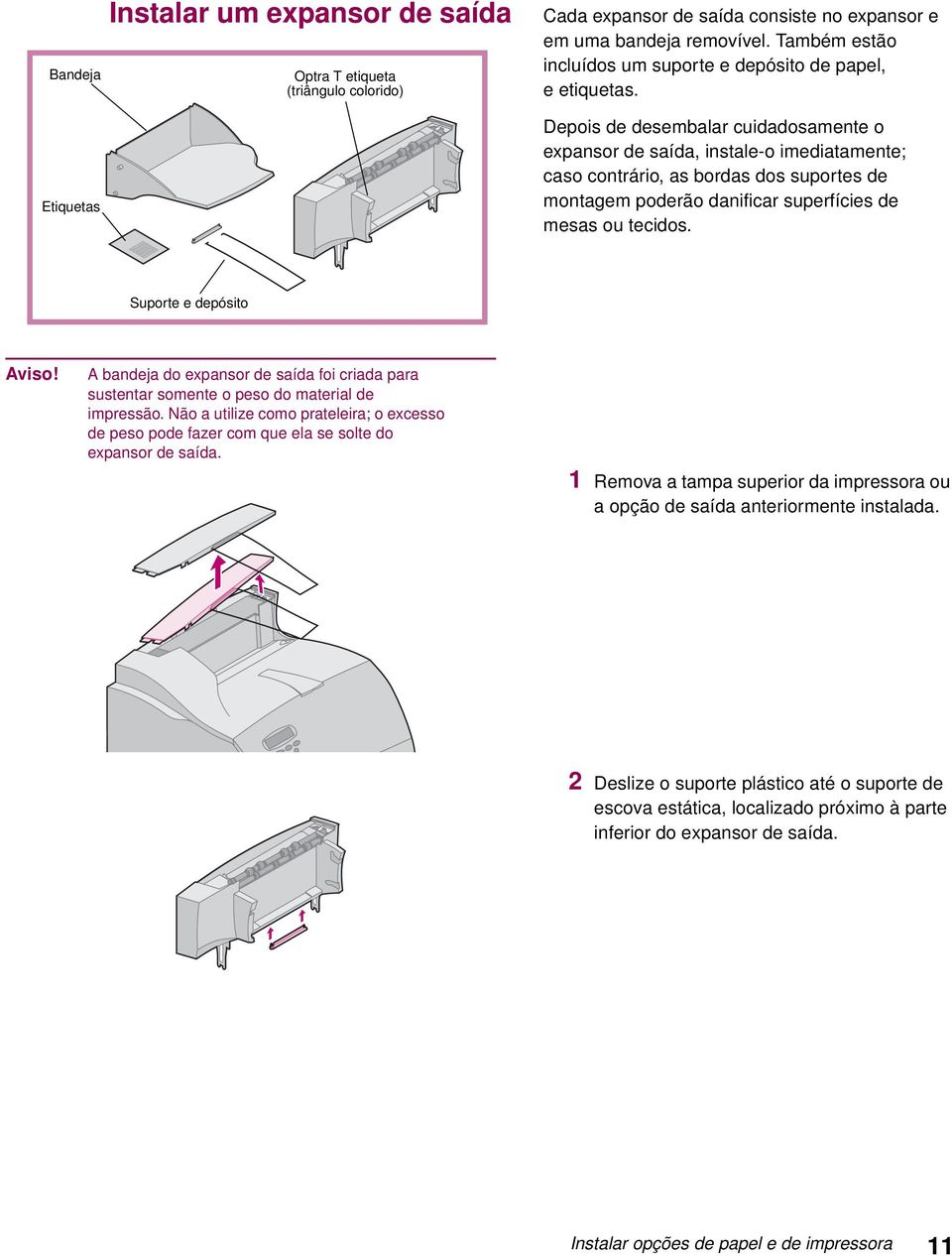 Depois de desembalar cuidadosamente o expansor de saída, instale-o imediatamente; caso contrário, as bordas dos suportes de montagem poderão danificar superfícies de mesas ou tecidos.