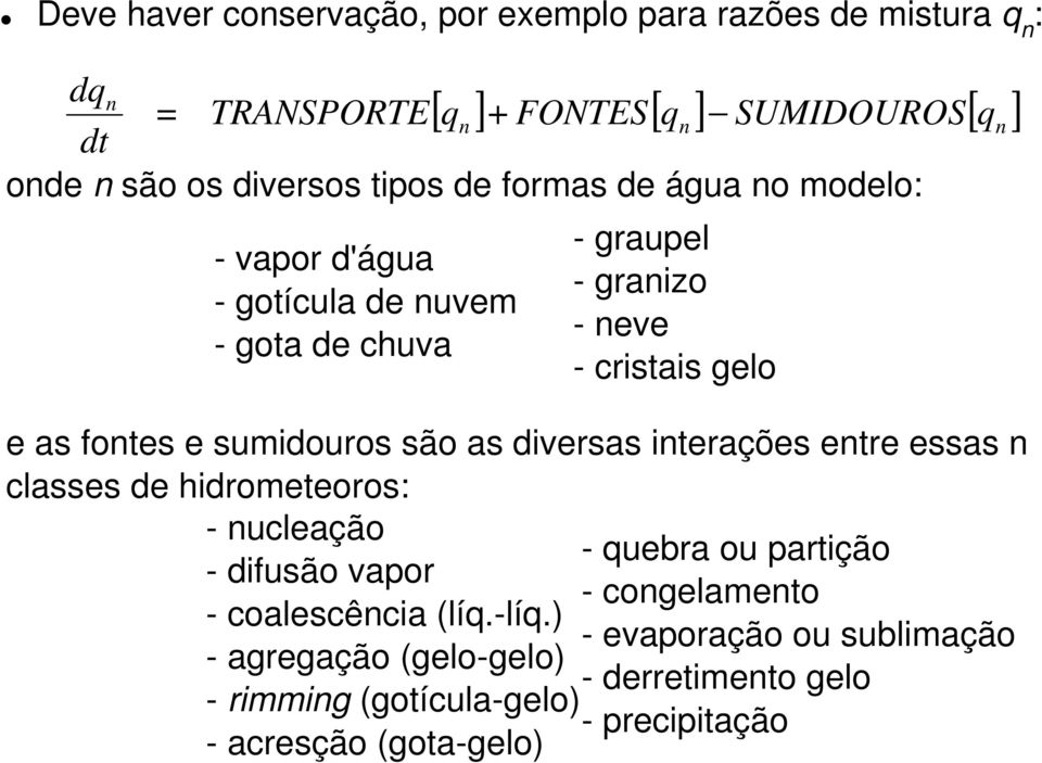 sumidouros são as diversas iterações etre essas classes de hidrometeoros: - ucleação - quebra ou partição - difusão vapor - cogelameto -