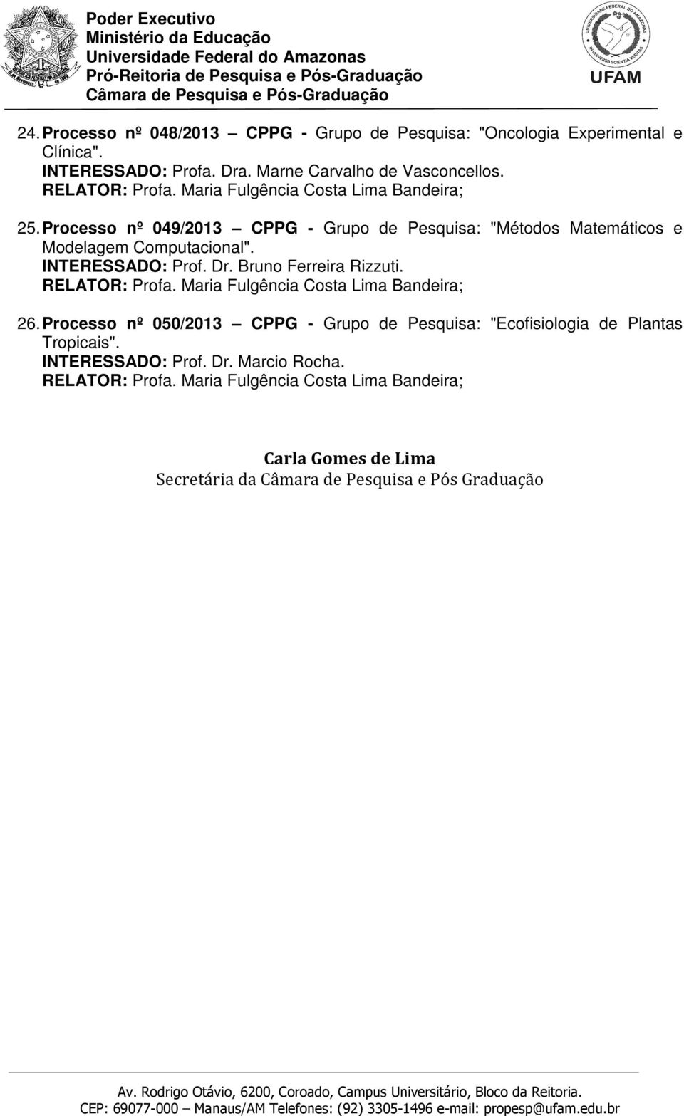 Processo nº 049/2013 CPPG - Grupo de Pesquisa: "Métodos Matemáticos e Modelagem Computacional". INTERESSADO: Prof. Dr.