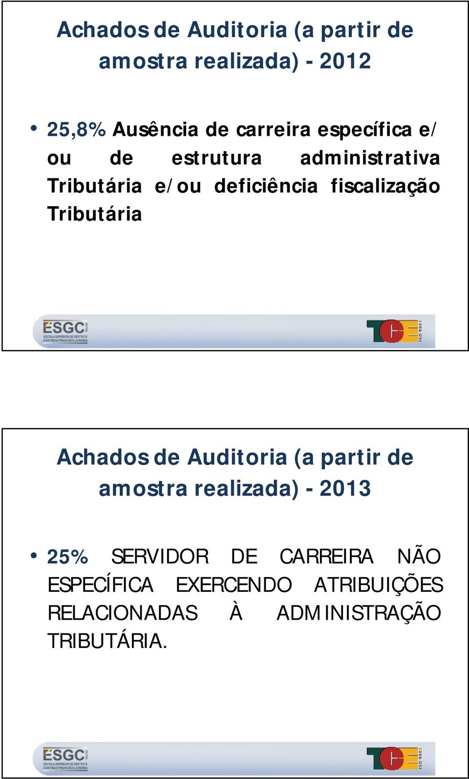 Tributária Achados de Auditoria (a partir de amostra realizada) - 2013 25% SERVIDOR DE