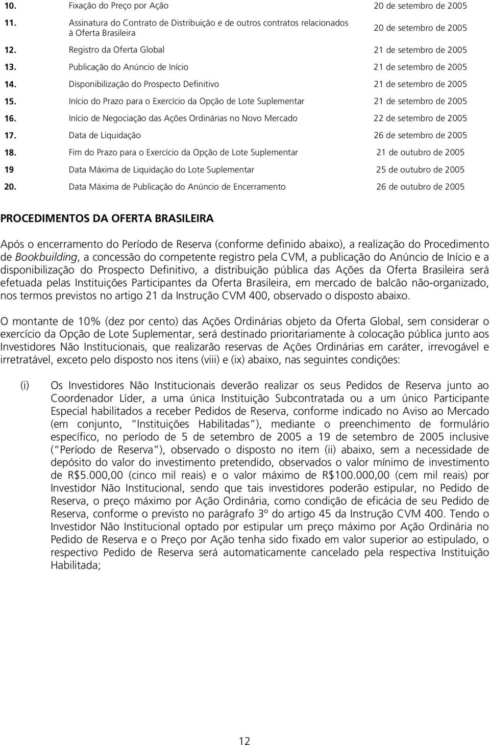 Início do Prazo para o Exercício da Opção de Lote Suplementar 21 de setembro de 2005 16. Início de Negociação das Ações Ordinárias no Novo Mercado 22 de setembro de 2005 17.