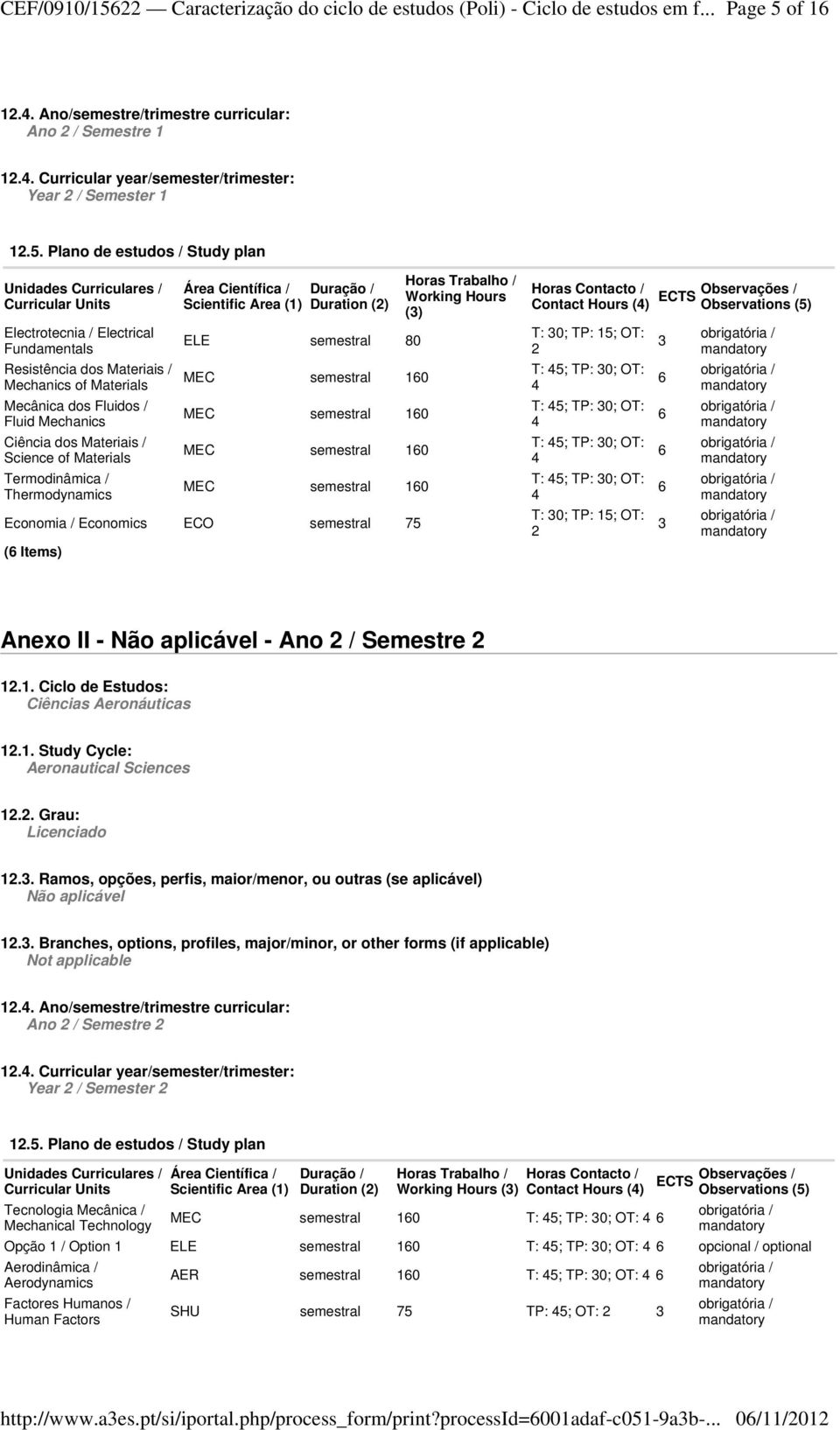 Plano de estudos / Study plan Unidades Curriculares / Electrotecnia / Electrical Fundamentals Resistência dos Materiais / Mechanics of Materials Mecânica dos Fluidos / Fluid Mechanics Ciência dos