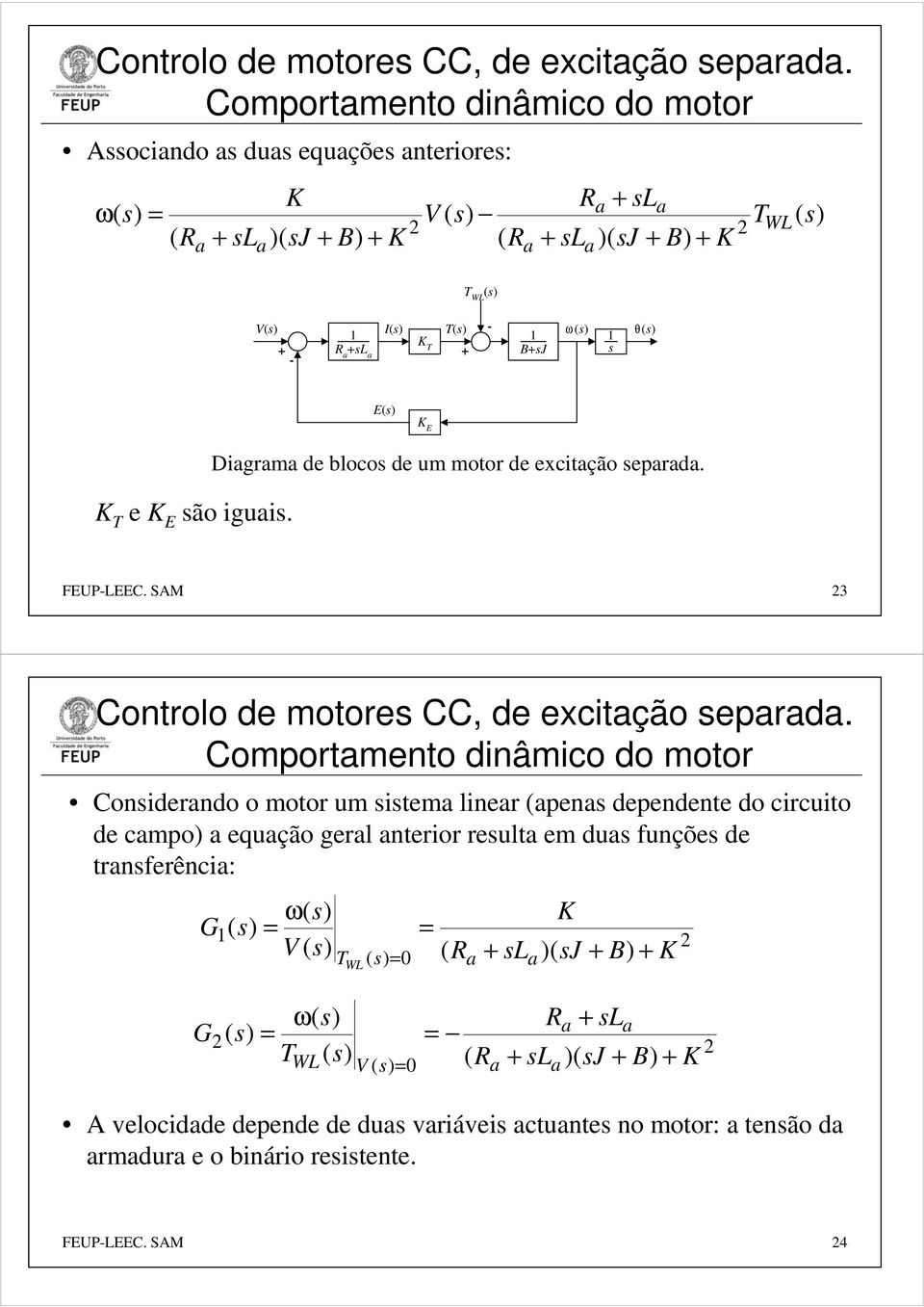 E(s) K E K T e K E são iguis. Digrm de blocos de um motor de excitção seprd. FEUPLEEC.