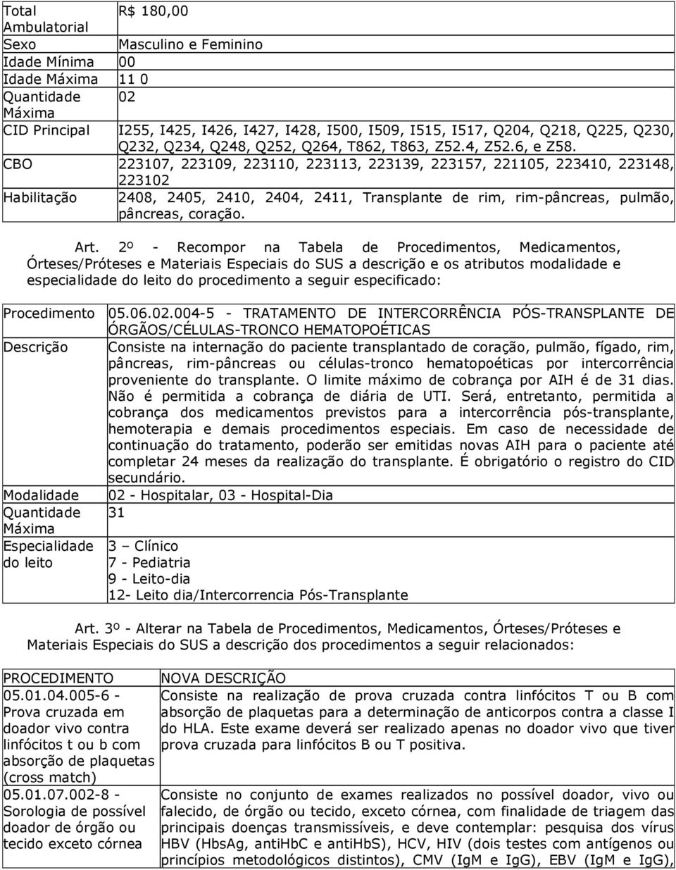 2º - Recompor na Tabela de Procedimentos, Medicamentos, Órteses/Próteses e Materiais Especiais do SUS a descrição e os atributos modalidade e especialidade do leito do procedimento a seguir