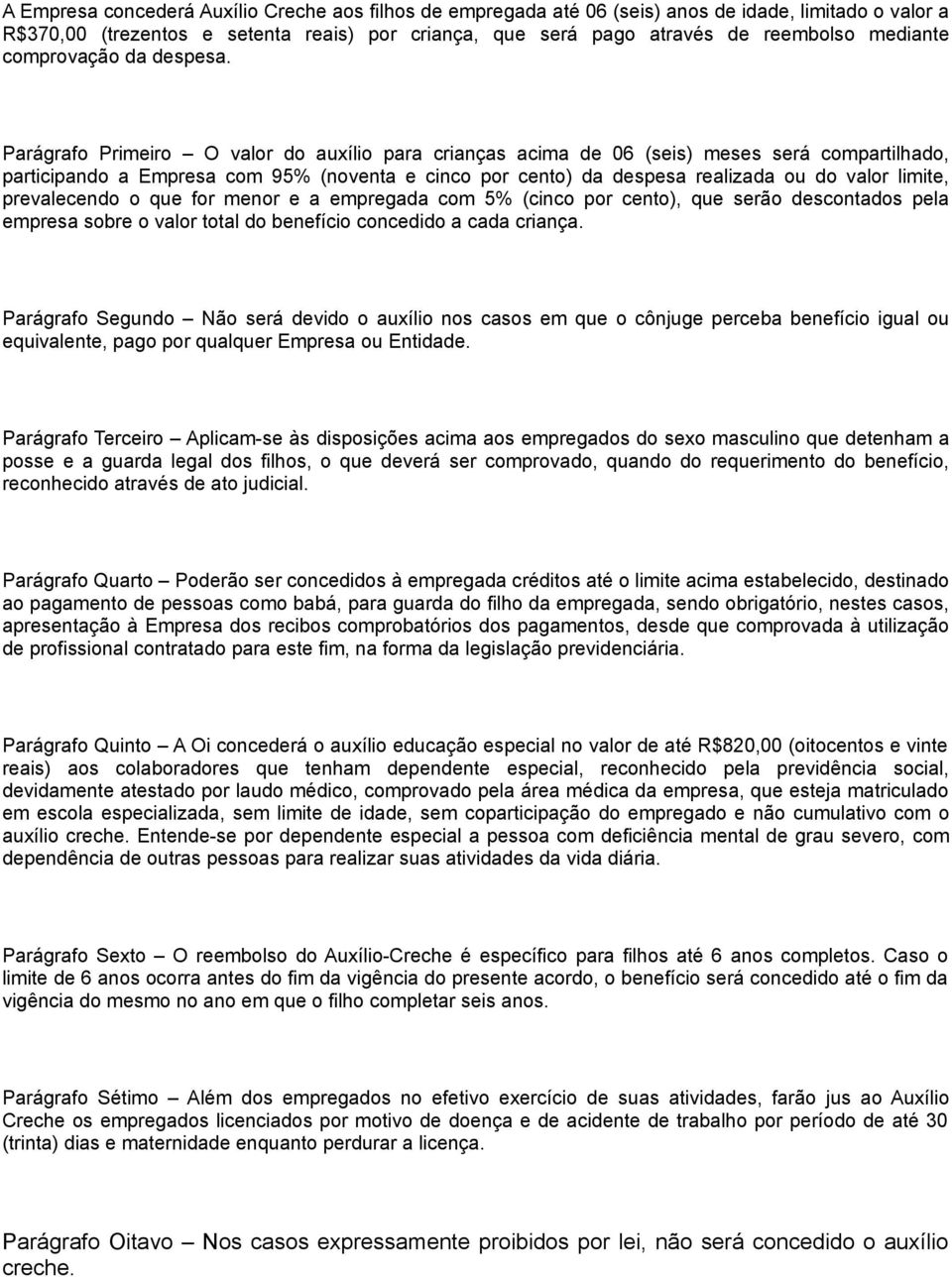 Parágrafo Primeiro O valor do auxílio para crianças acima de 06 (seis) meses será compartilhado, participando a Empresa com 95% (noventa e cinco por cento) da despesa realizada ou do valor limite,