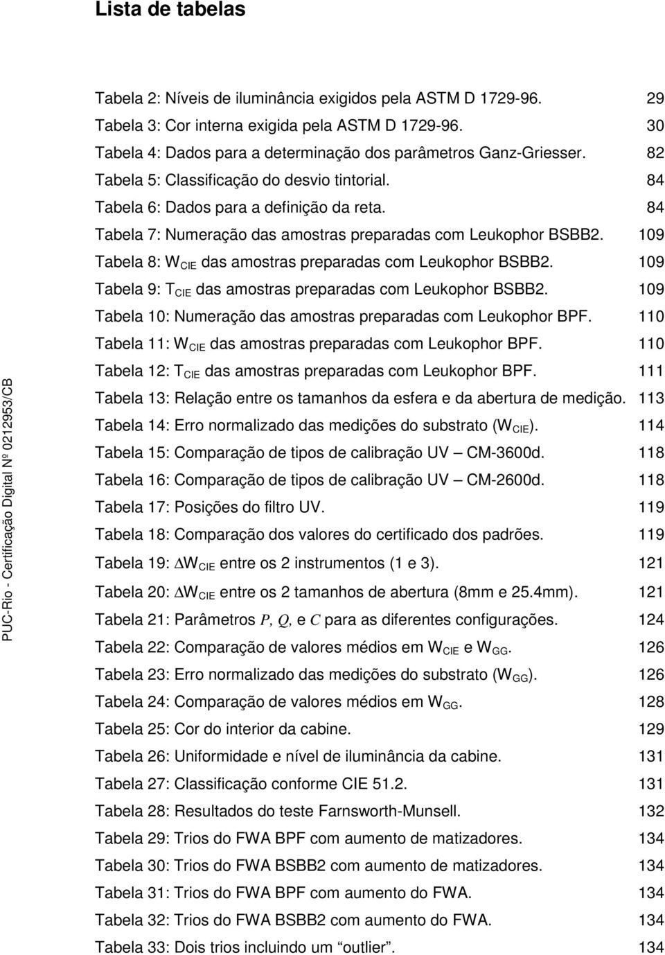 84 Tabela 7: Numeração das amostras preparadas com Leukophor BSBB2. 109 Tabela 8: W CIE das amostras preparadas com Leukophor BSBB2. 109 Tabela 9: T CIE das amostras preparadas com Leukophor BSBB2.