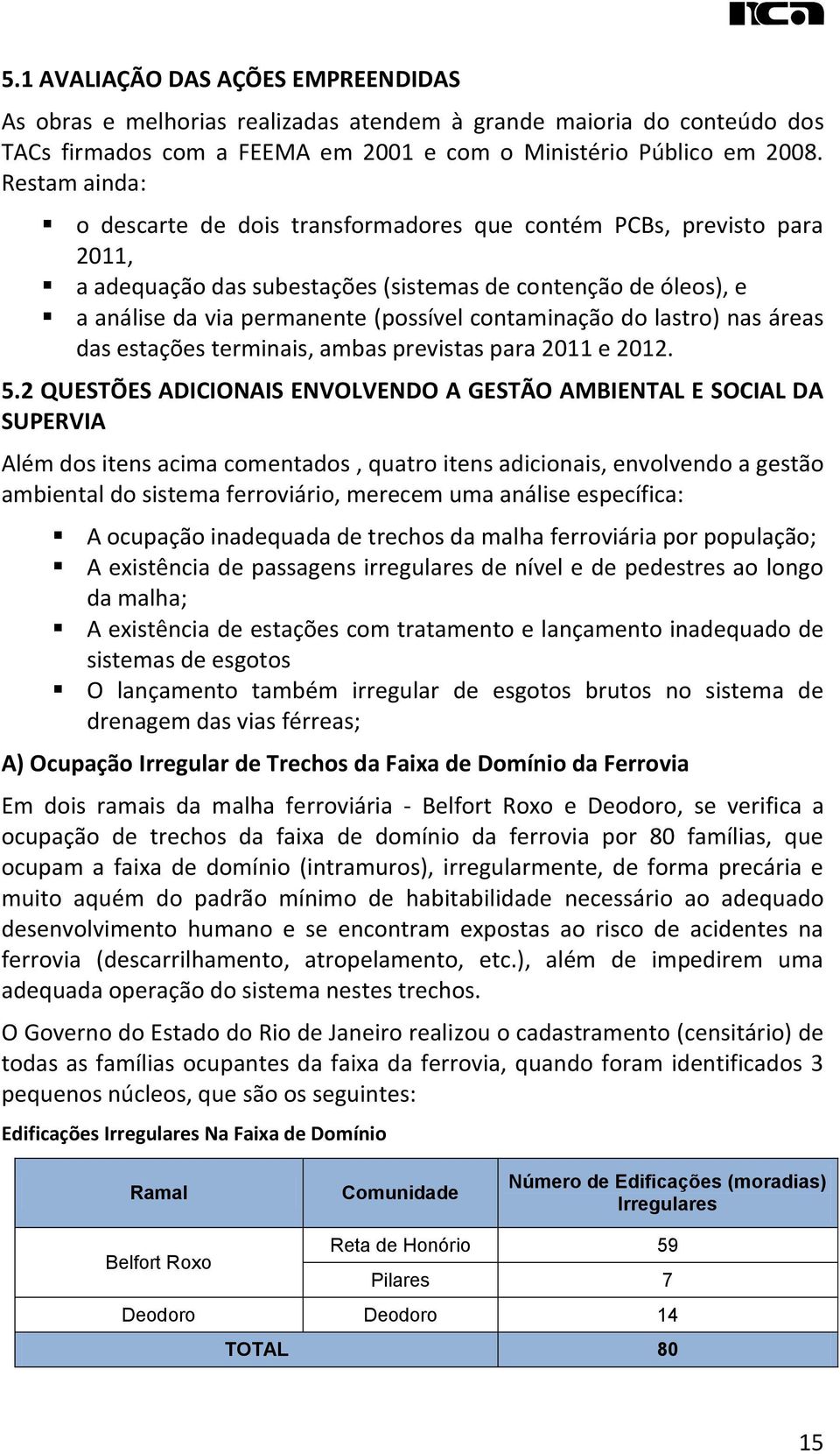 contaminação do lastro) nas áreas das estações terminais, ambas previstas para 2011 e 2012. 5.