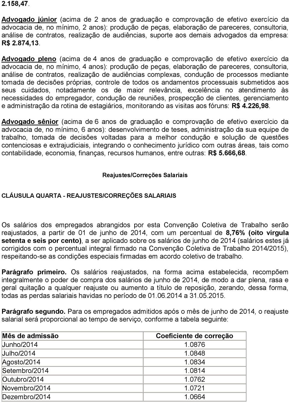 realização de audiências, suporte aos demais advogados da empresa: R$ 2.874,13.