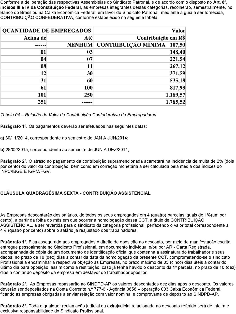 mediante a guia a ser fornecida, CONTRIBUIÇÃO CONFEDERATIVA, conforme estabelecido na seguinte tabela.