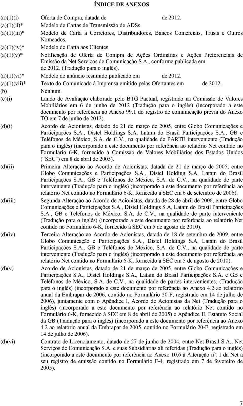 (a)(1)(v)* Notificação de Oferta de Compra de Ações Ordinárias e Ações Preferenciais de Emissão da Net Serviços de Comunicação S.A., conforme publicada em de 2012. (Tradução para o inglês).