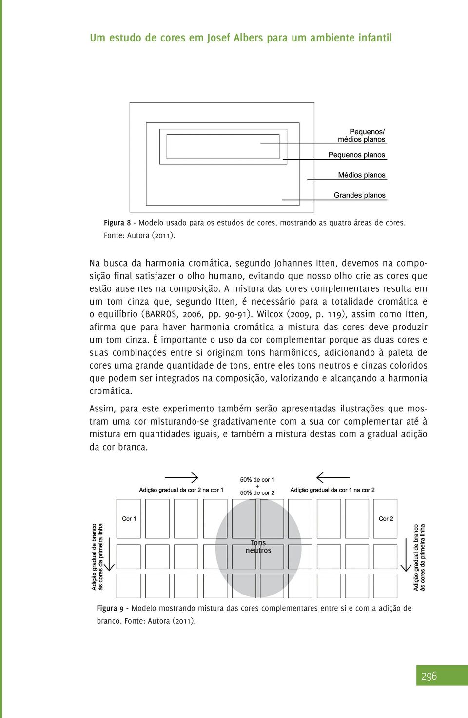 A mistura das cores complementares resulta em um tom cinza que, segundo Itten, é necessário para a totalidade cromática e o equilíbrio (BARROS, 2006, pp. 90-91). Wilcox (2009, p.