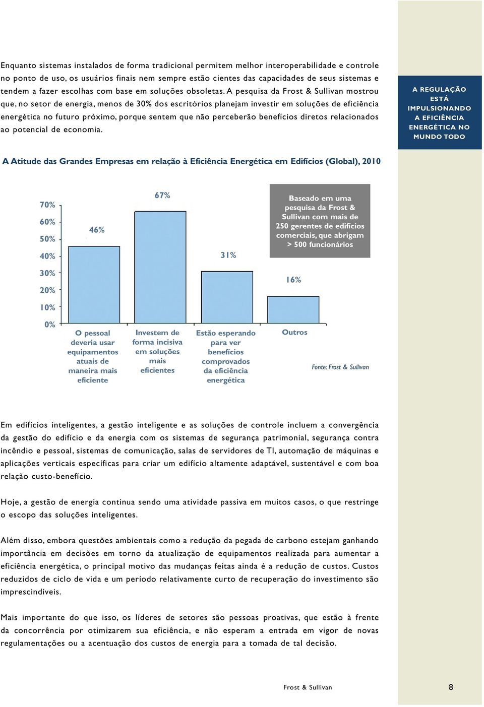 A pesquisa da Frost & Sullivan mostrou que, no setor de energia, menos de 30% dos escritórios planejam investir em soluções de eficiência energética no futuro próximo, porque sentem que não