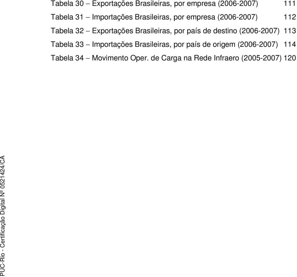 Brasileiras, por país de destino (2006-2007) 113 Tabela 33 Importações Brasileiras,