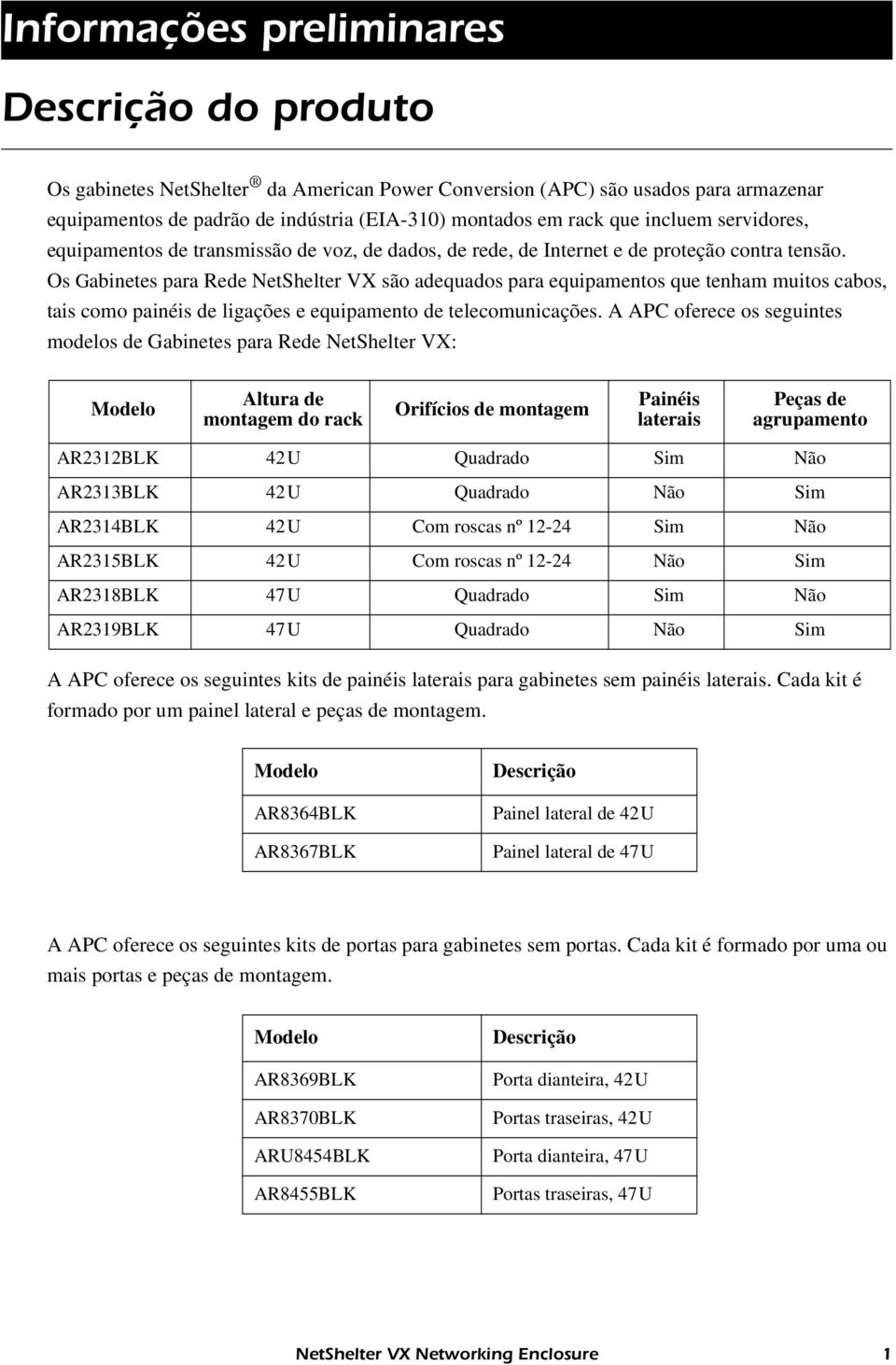 Os Gabinetes para Rede NetShelter VX são adequados para equipamentos que tenham muitos cabos, tais como painéis de ligações e equipamento de telecomunicações.