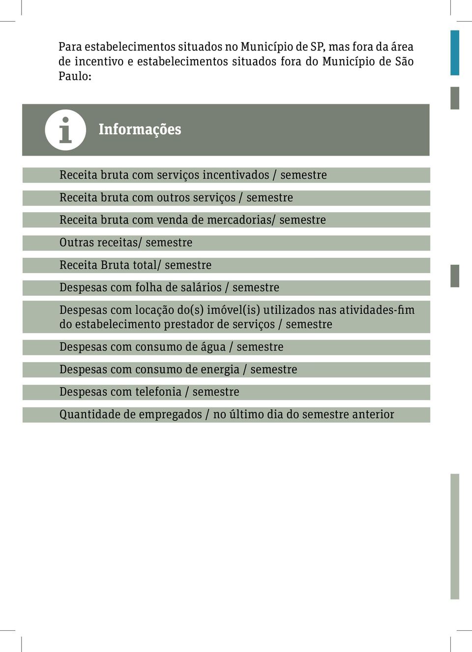 total/ semestre Despesas com folha de salários / semestre Despesas com locação do(s) imóvel(is) utilizados nas atividades-fim do estabelecimento prestador de serviços /