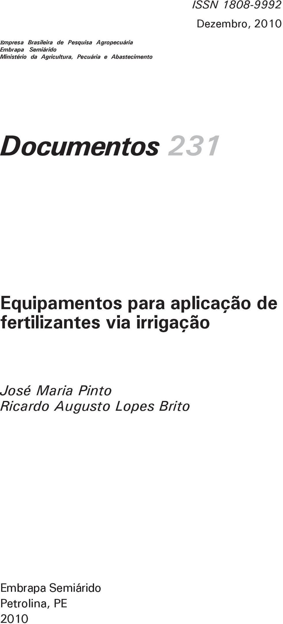 Documentos 231 Equipamentos para aplicação de fertilizantes via irrigação