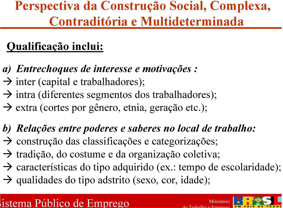 etc.); b) Relações entre poderes e saberes no local de trabalho: construção das classificações e categorizações; tradição, do costume