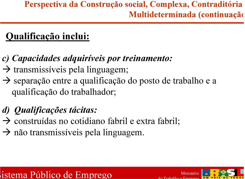 linguagem; separação entre a qualificação do posto de trabalho e a qualificação do