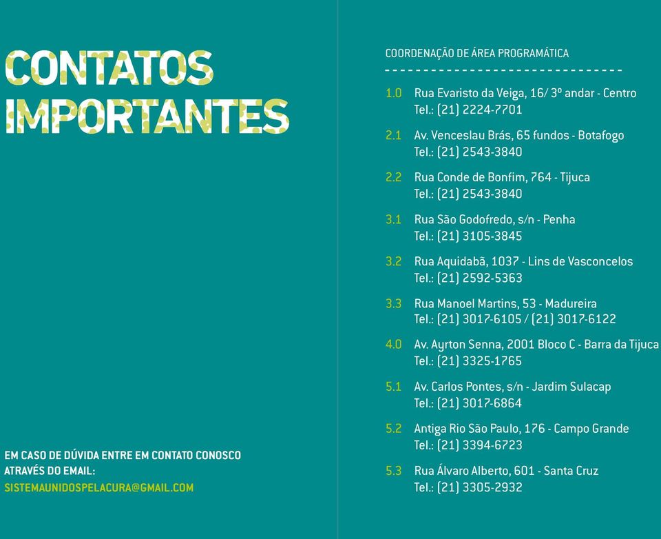 : (21) 3105-3845 3.2 Rua Aquidabã, 1037 - Lins de Vasconcelos Tel.: (21) 2592-5363 3.3 Rua Manoel Martins, 53 - Madureira Tel.: (21) 3017-6105 / (21) 3017-6122 4.0 Av.