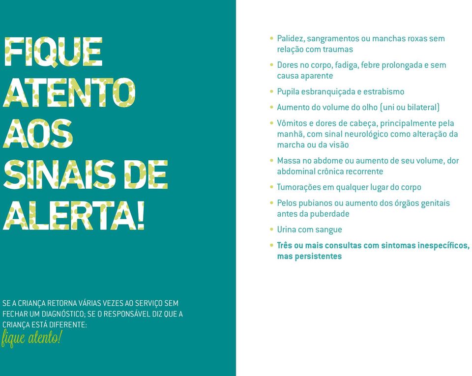 dor abdominal crônica recorrente Tumorações em qualquer lugar do corpo Pelos pubianos ou aumento dos órgãos genitais antes da puberdade Urina com sangue Três ou mais consultas com