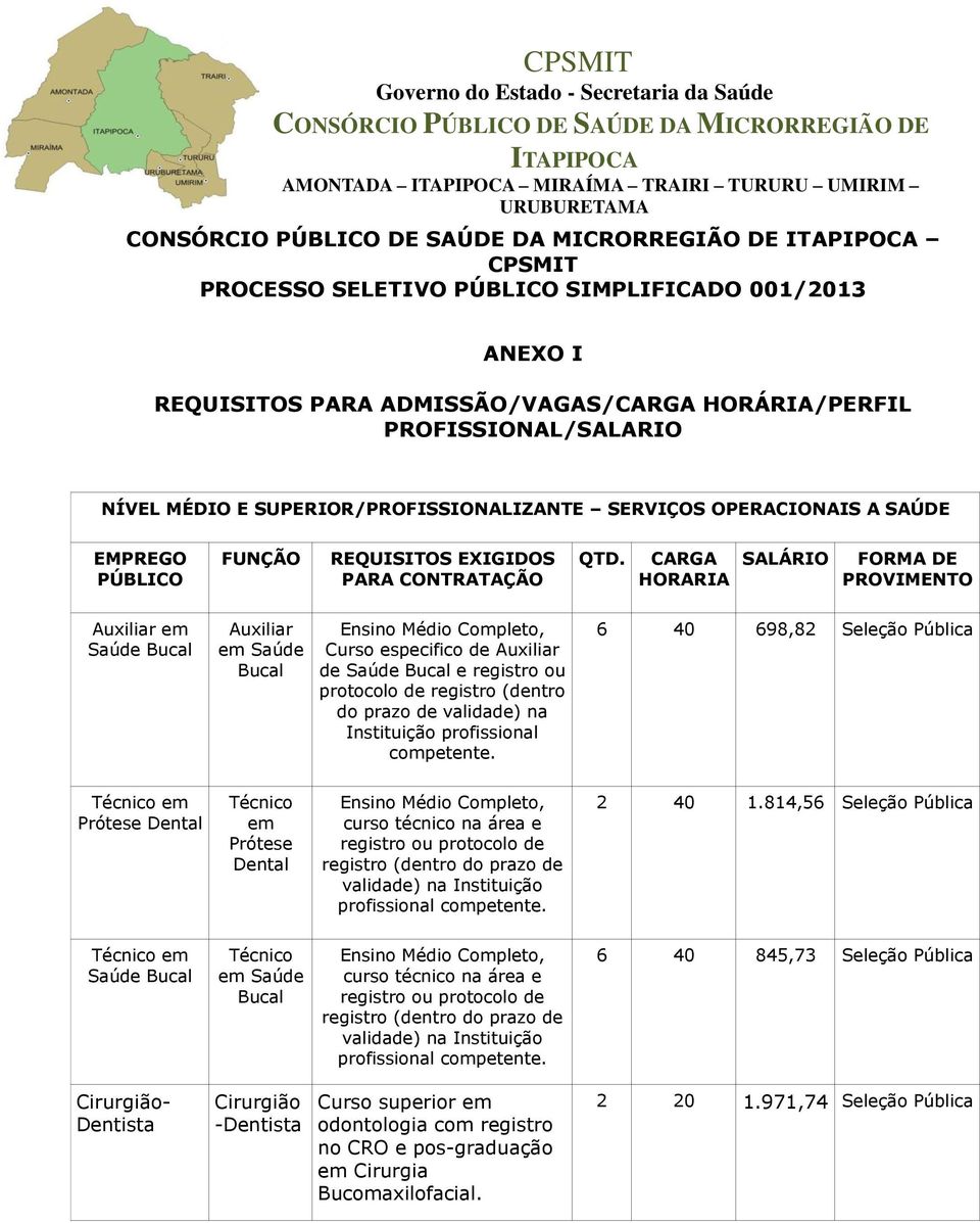 CARGA HORARIA SALÁRIO FORMA DE PROVIMENTO Auxiliar em Saúde Bucal Auxiliar em Saúde Bucal Ensino Médio Completo, Curso especifico de Auxiliar de Saúde Bucal e registro ou protocolo de registro