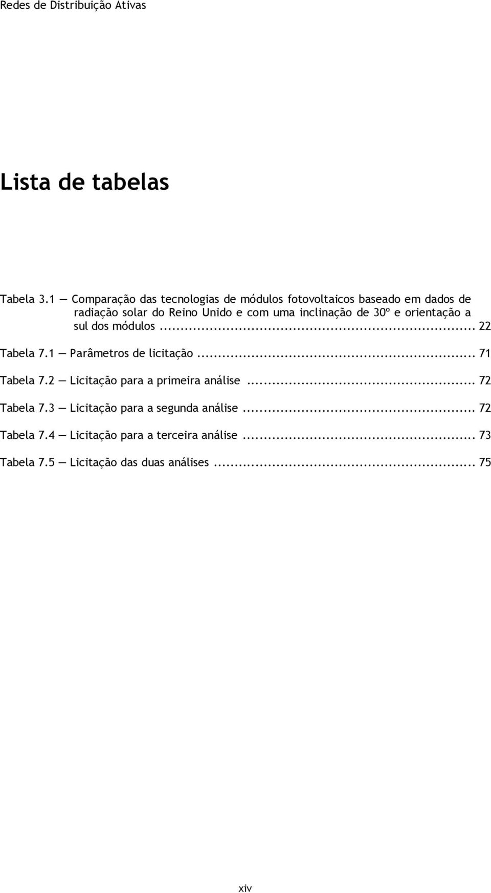 inclinação de 30º e orientação a sul dos módulos... 22 Tabela 7.1 Parâmetros de licitação... 71 Tabela 7.