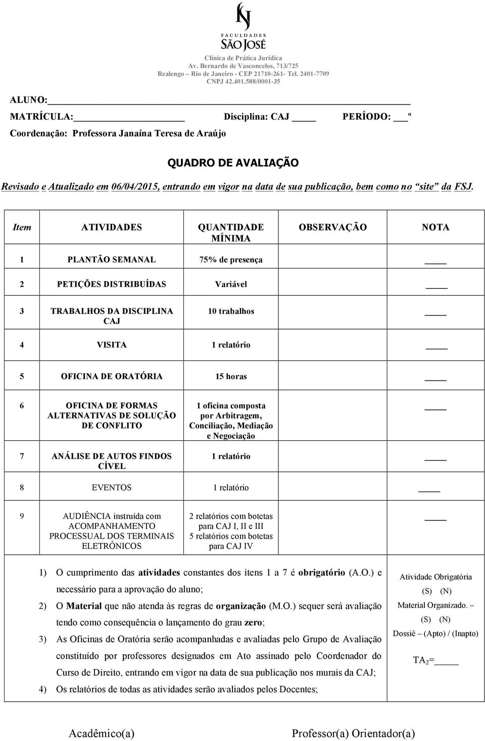 Item ATIVIDADES QUANTIDADE MÍNIMA OBSERVAÇÃO NOTA 1 PLANTÃO SEMANAL 75% de presença 2 PETIÇÕES DISTRIBUÍDAS Variável 3 TRABALHOS DA DISCIPLINA CAJ 10 trabalhos 4 VISITA 1 relatório 5 OFICINA DE