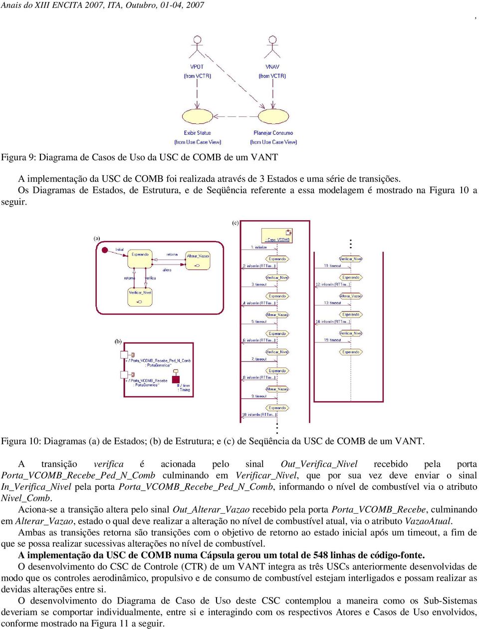 Figura 10: Diagramas (a) de Estados; (b) de Estrutura; e (c) de Seqüência da USC de COMB de um VANT.