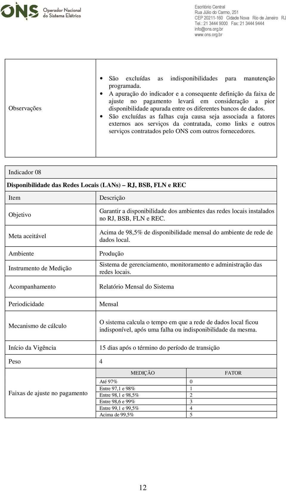 São excluídas as falhas cuja causa seja associada a fatores externos aos serviços da contratada, como links e outros serviços contratados pelo ONS com outros fornecedores.