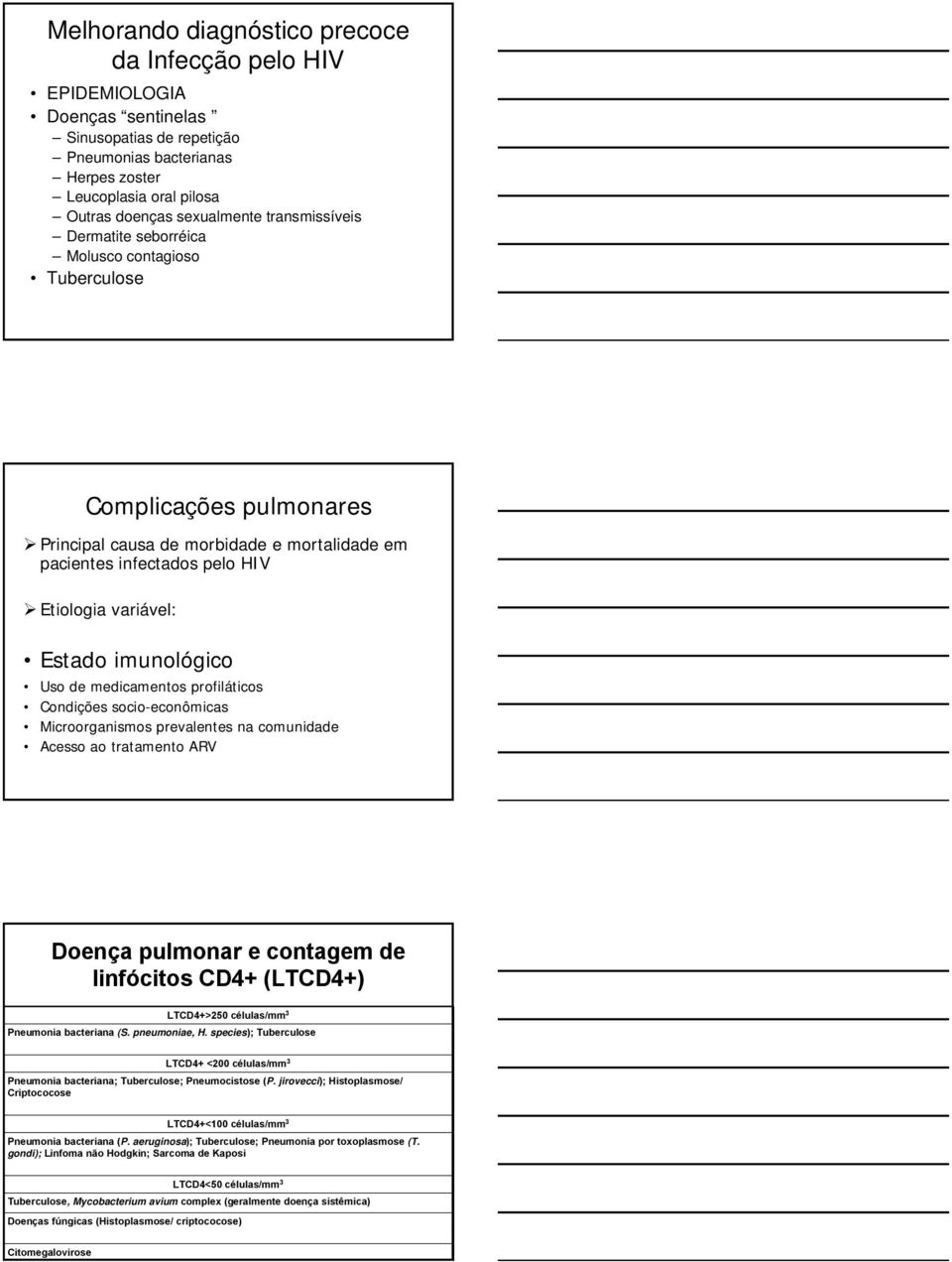 imunológico Uso de medicamentos profiláticos Condições socio-econômicas Microorganismos prevalentes na comunidade Acesso ao tratamento ARV Doença pulmonar e contagem de linfócitos CD4+ (LTCD4+)