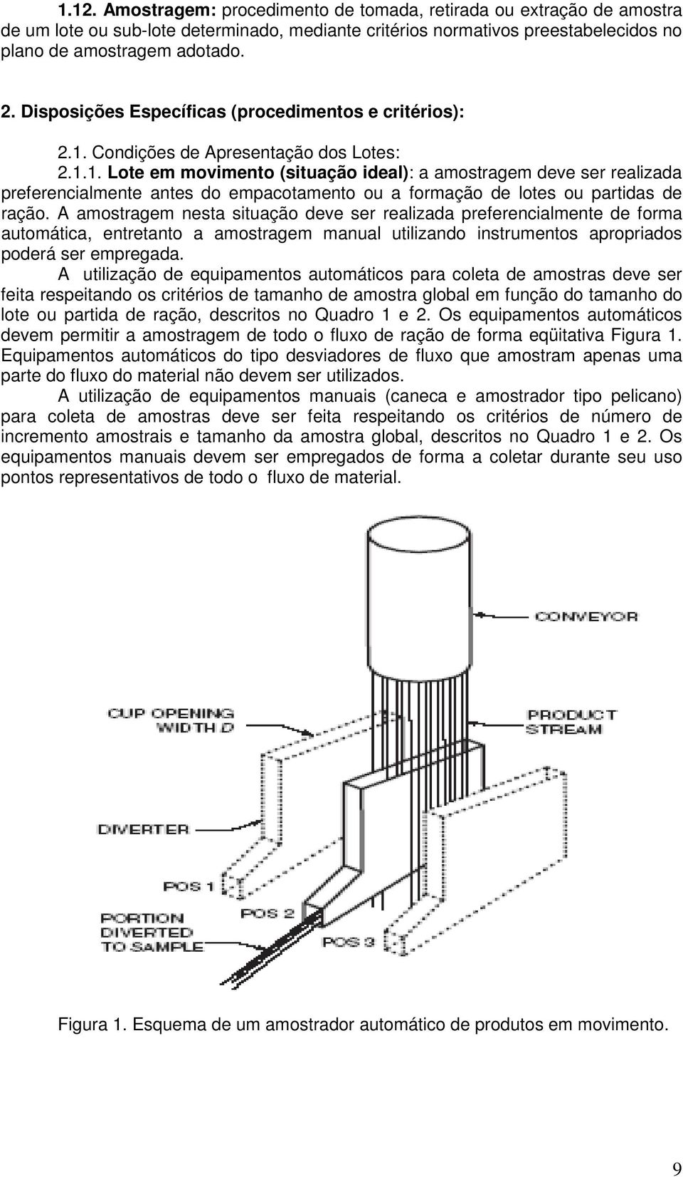 Condições de Apresentação dos Lotes: 2.1.1. Lote em movimento (situação ideal): a amostragem deve ser realizada preferencialmente antes do empacotamento ou a formação de lotes ou partidas de ração.