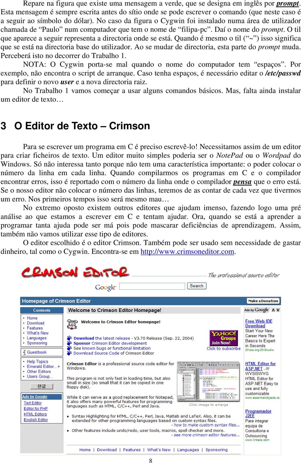 No caso da figura o Cygwin foi instalado numa área de utilizador chamada de Paulo num computador que tem o nome de filipa-pc. Daí o nome do prompt.