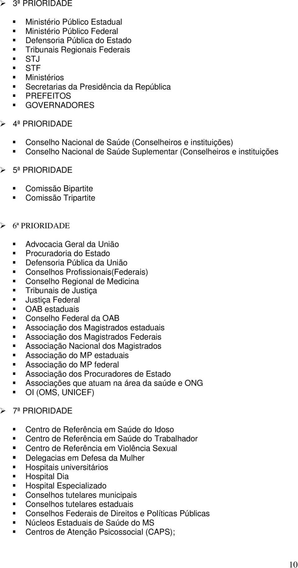 Tripartite 6ª PRIORIDADE Advocacia Geral da União Procuradoria do Estado Defensoria Pública da União Conselhos Profissionais(Federais) Conselho Regional de Medicina Tribunais de Justiça Justiça