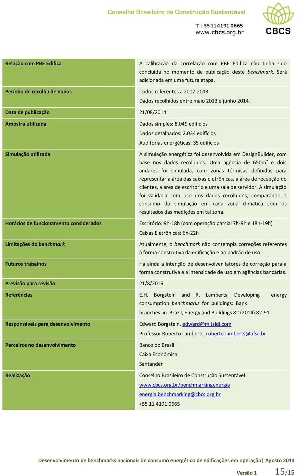 Amostra utilizada Simulação utilizada Horários de funcionamento considerados Limitações do benchmark Futuros trabalhos Dados simples: 8.049 edifícios Dados detalhados: 2.