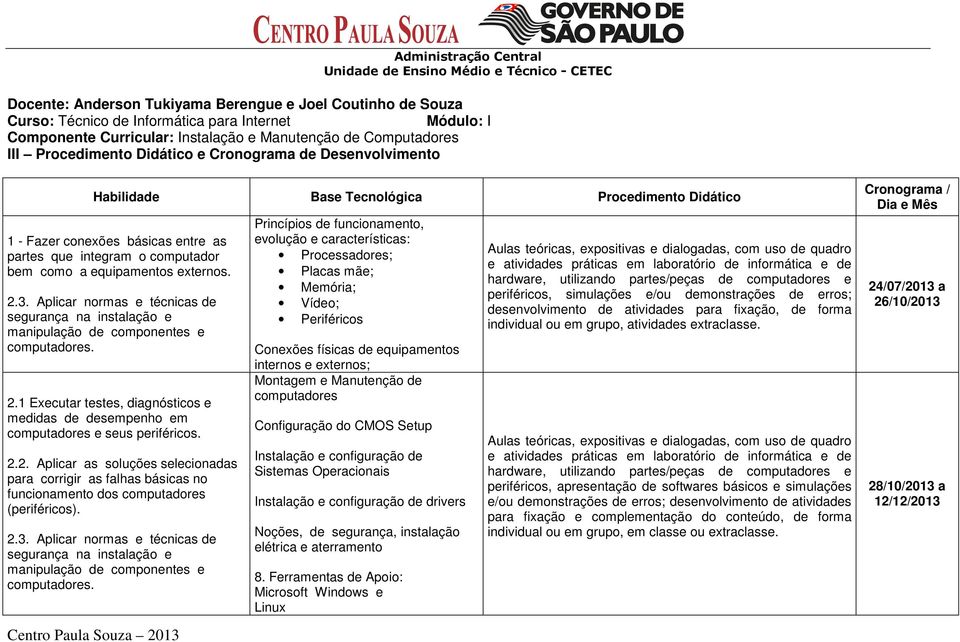 Aplicar normas e técnicas de segurança na instalação e manipulação de componentes e computadores. 2.