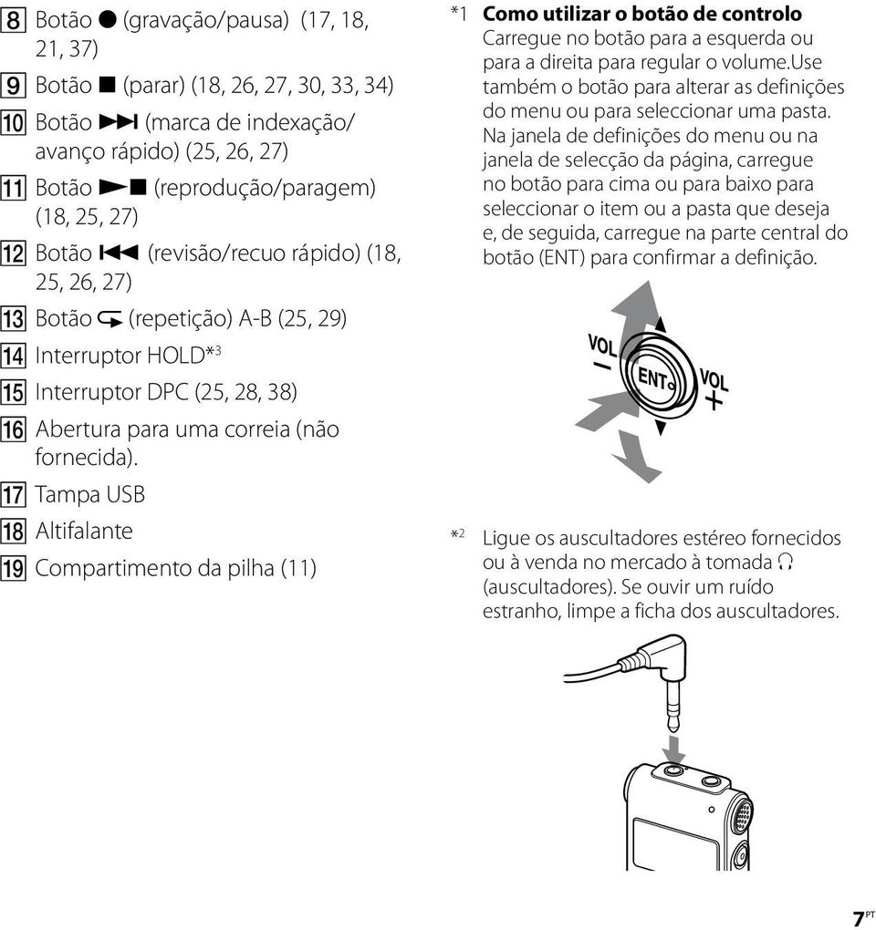 Tampa USB Altifalante Compartimento da pilha (11) *1 Como utilizar o botão de controlo Carregue no botão para a esquerda ou para a direita para regular o volume.