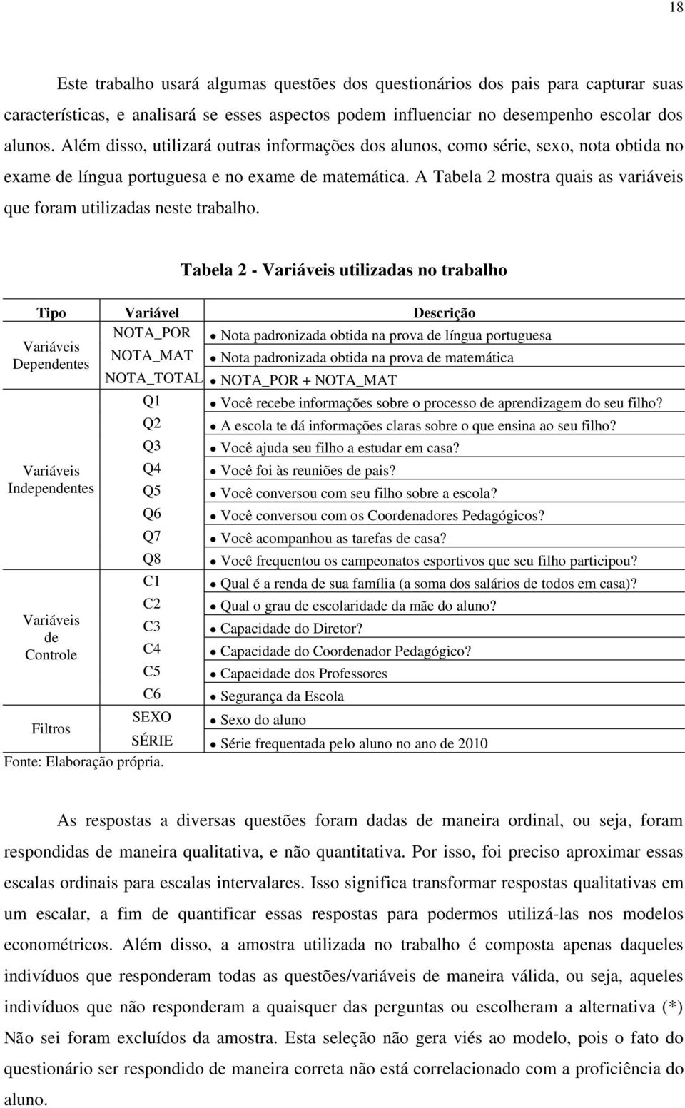 A Tabela 2 mostra quais as variáveis que foram utilizadas neste trabalho.