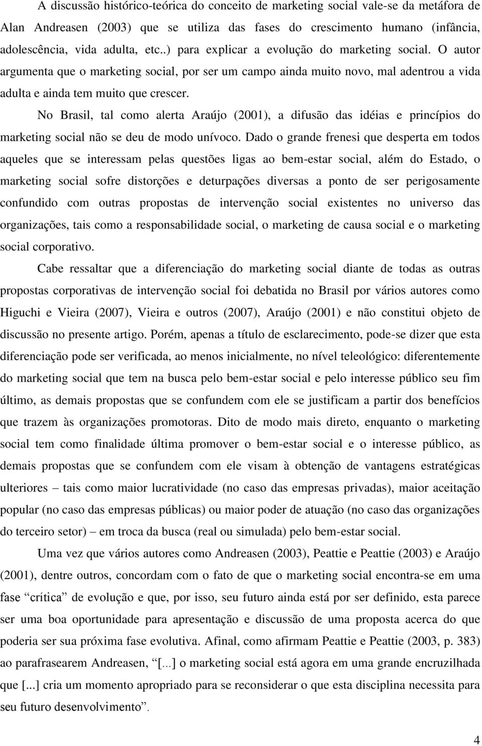 No Brasil, tal como alerta Araújo (2001), a difusão das idéias e princípios do marketing social não se deu de modo unívoco.