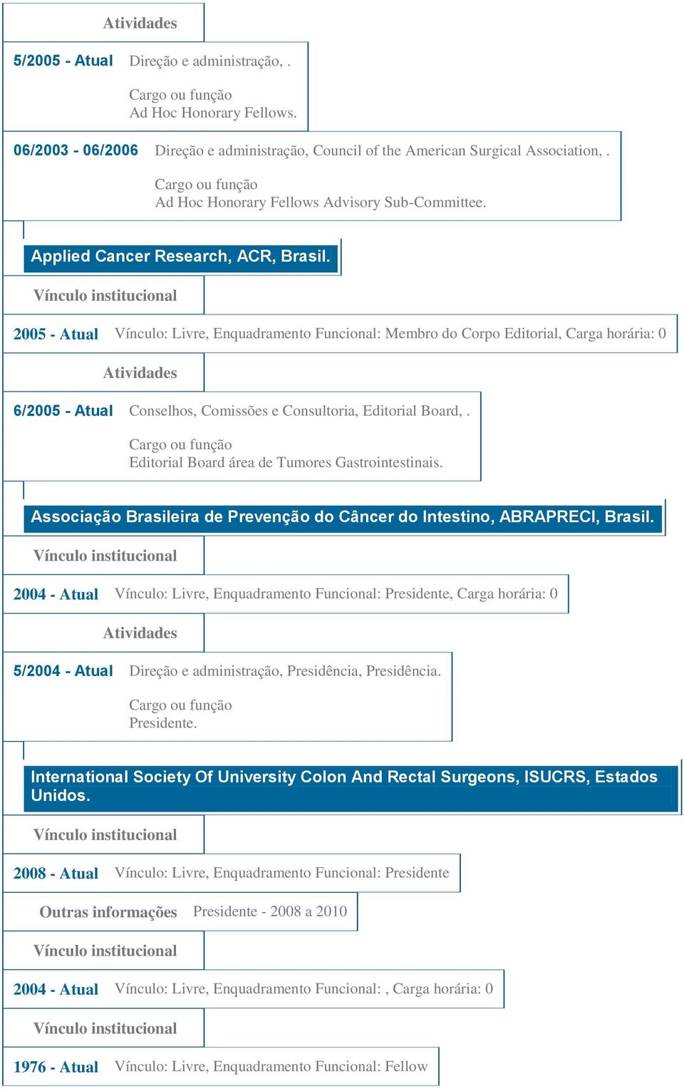 2005 - Atual Vínculo: Livre, Enquadramento Funcional: Membro do Corpo Editorial, Carga horária: 0 6/2005 - Atual Conselhos, Comissões e Consultoria, Editorial Board,.