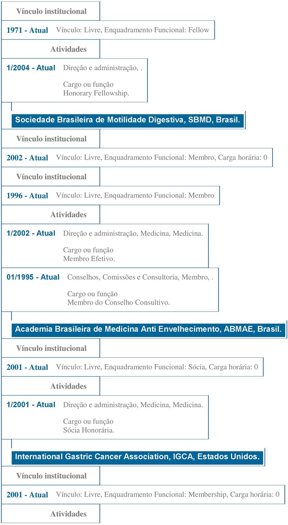 Membro Efetivo. 01/1995 - Atual Conselhos, Comissões e Consultoria, Membro,. Membro do Conselho Consultivo. Academia Brasileira de Medicina Anti Envelhecimento, ABMAE, Brasil.