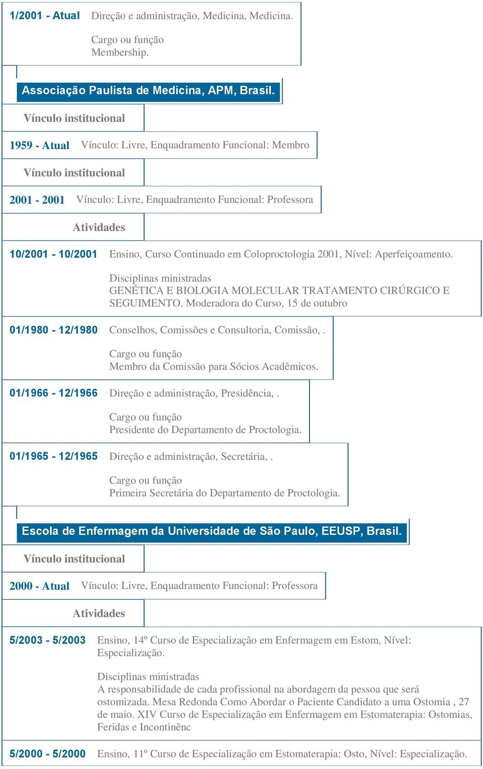 Aperfeiçoamento. GENÉTICA E BIOLOGIA MOLECULAR TRATAMENTO CIRÚRGICO E SEGUIMENTO. Moderadora do Curso, 15 de outubro 01/1980-12/1980 Conselhos, Comissões e Consultoria, Comissão,.