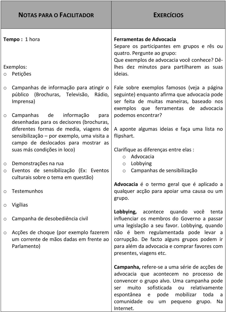 Demonstrações na rua o Eventos de sensibilização (Ex: Eventos culturais sobre o tema em questão) o Testemunhos o Vigílias o Campanha de desobediência civil o Acções de choque (por exemplo fazerem um